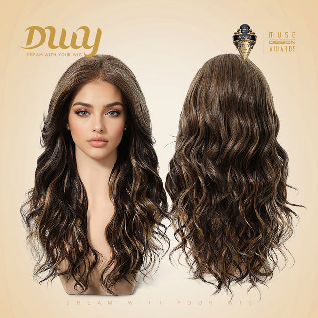 July-NEW! DWY 13×6 Free Part Lace Front Long-Length Curly Ombre Brown with Highlights Glueless Synthetic Wig