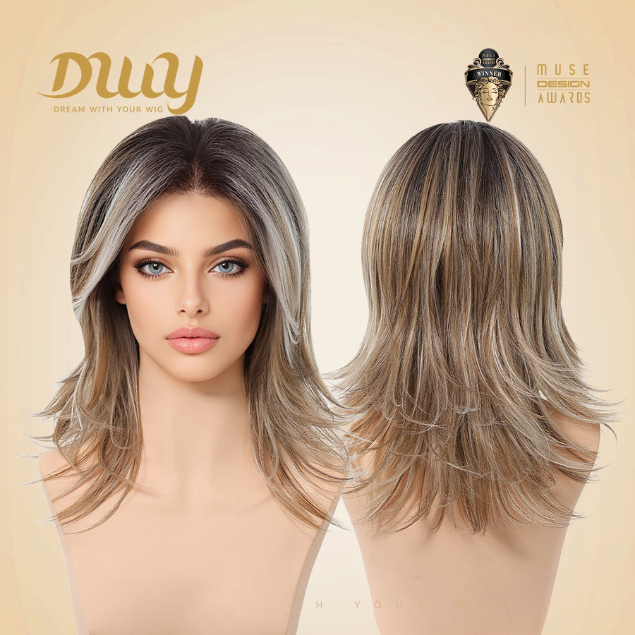 Esther C-DWY 13x4 Filter Lace Front Free Part Mid-Length Layer-cut Brown with Highlights Glueless Synthetic Wig