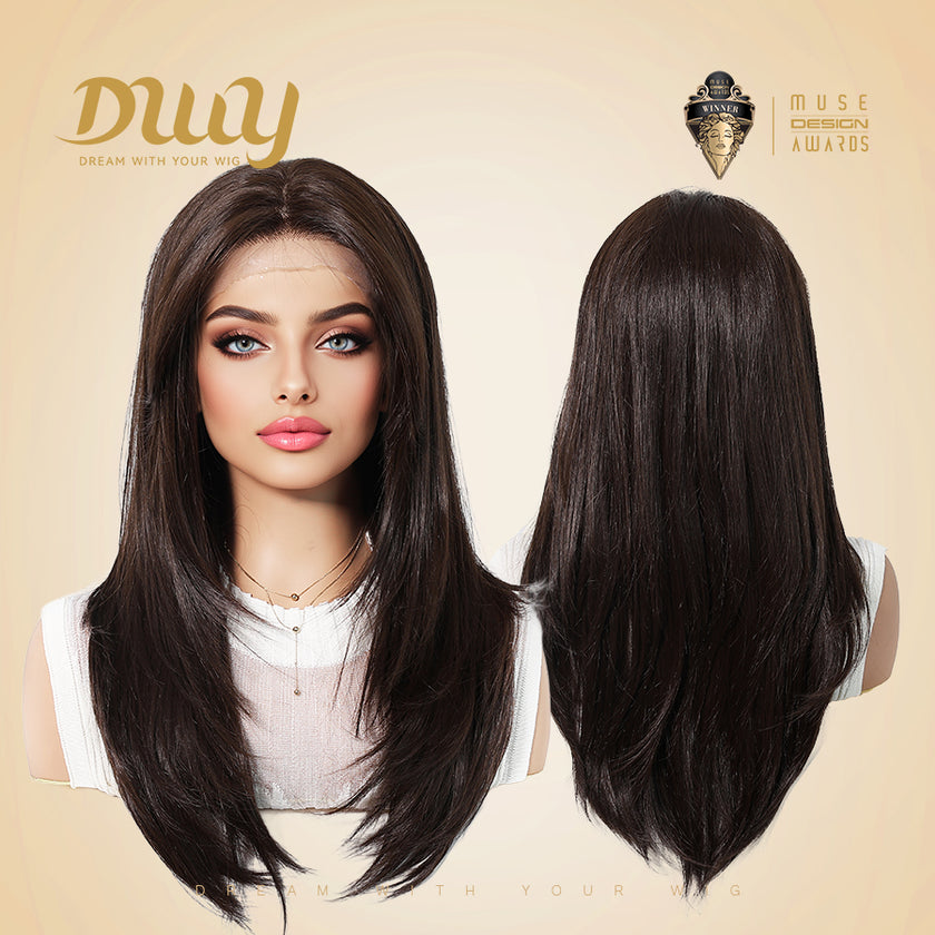 Billie-DWY 13×6 Lace Front Free Part Long Straight Dark Brown Glueless Synthetic Wig
