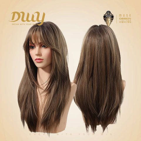 Elowen-DWY Middle Length  Sandy Brown Layer Cut Glueless Synthetic Wig