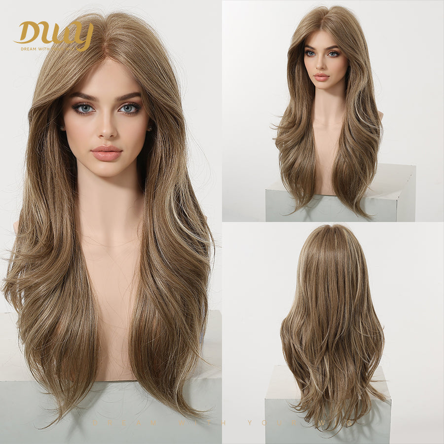 Polly- DWY Pre-cut U part Diamond Lace Long-length Lace Drity Bronde Curly Hair Glueless Synthetic Wigs for Women 24 Inch