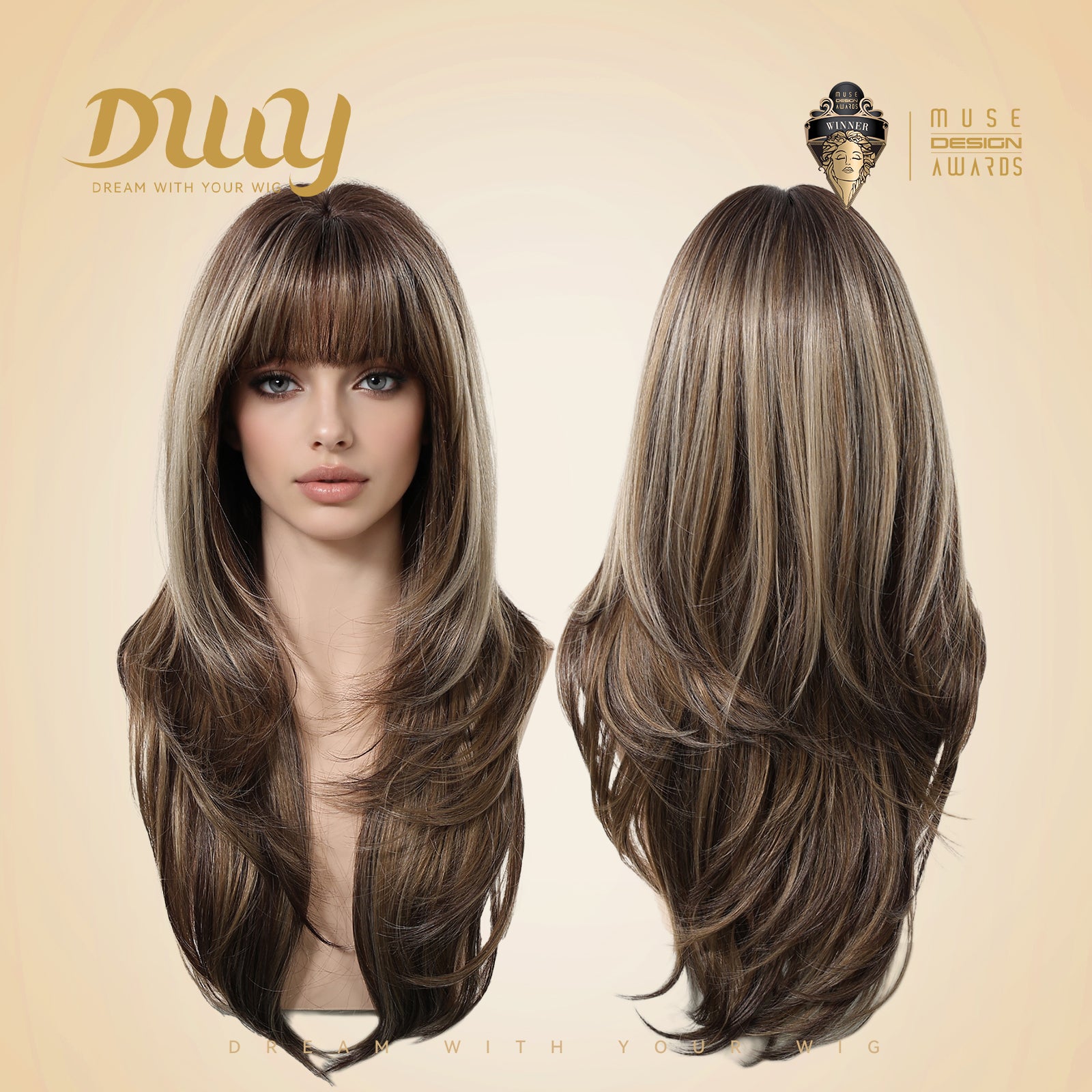 Riley- New! DWY Bionic Silk Top 26-Inch Long Body Wave Layer-cut Brown Balayage Glueless Synthetic Wig with Bangs for Women High-Quality Premium Fiber Easy Wear Comfortable Fit Summer Look