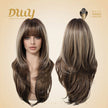 Riley- New! DWY Bionic Silk Top 26-Inch Long Body Wave Layer-cut Brown Balayage Glueless Synthetic Wig with Bangs for Women High-Quality Premium Fiber Easy Wear Comfortable Fit Summer Look