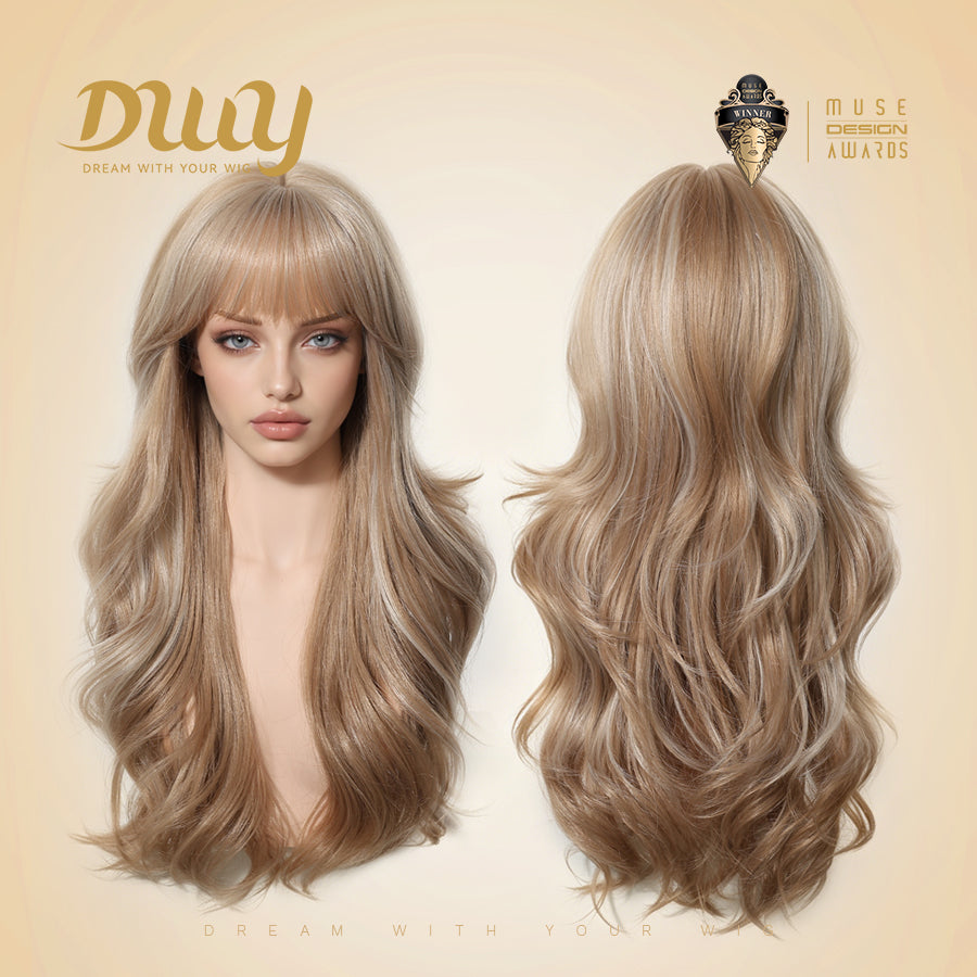 Cassie - DWY Long Wave Milk Tea Blonde Highlights Glueless Synthetic Wig with Bangs for Women 26 Inches Premium Quality Convenient Wigs