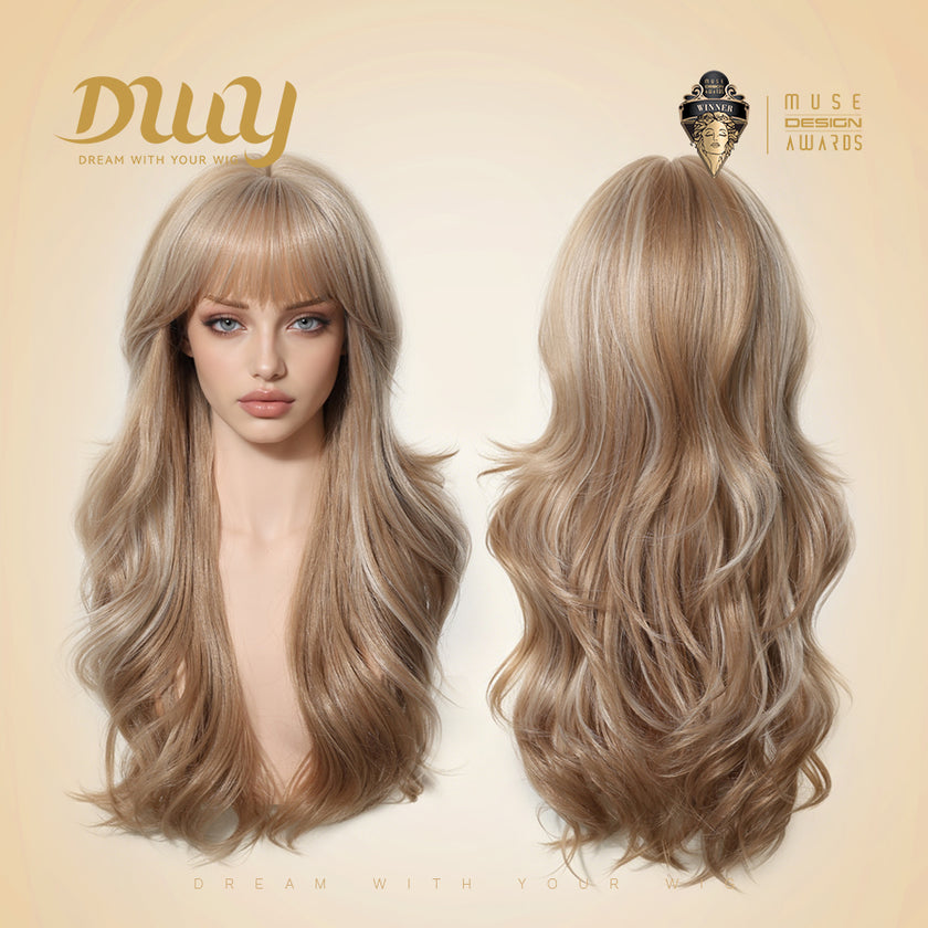 Cassie - DWY Long Wave Milk Tea Blonde Highlights Glueless Synthetic Wig with Bangs for Women 26 Inches Premium Quality Convenient Wigs