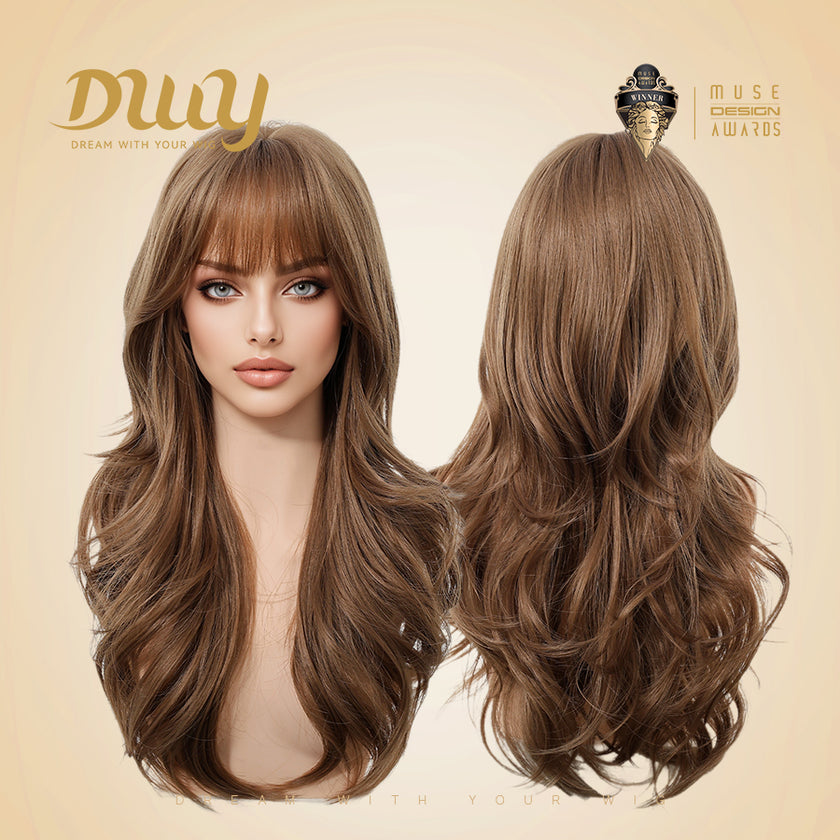 Molly-DWY Mid-Length Wavy Layer Cut Golden Linen Brown Glueless Synthetic Wig for Women 24 Inches Natural Hairline
