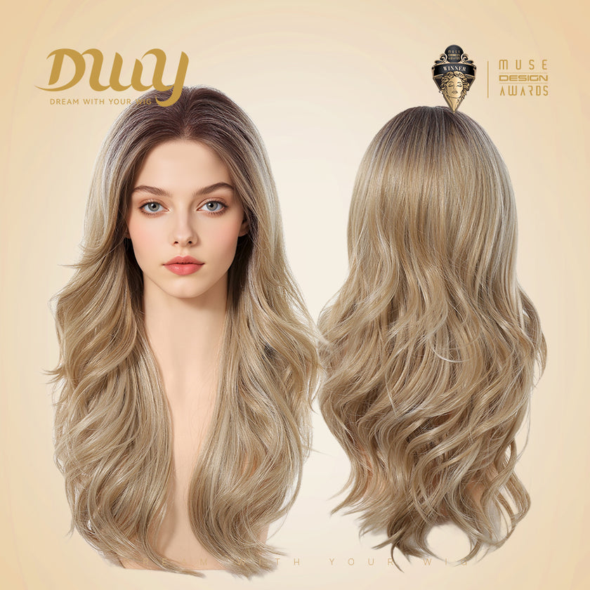 Barbara-DWY 13x4 Filter Lace Front Free Part Long-Length Wavy Blonde with Dark Roots Glueless Synthetic Wig