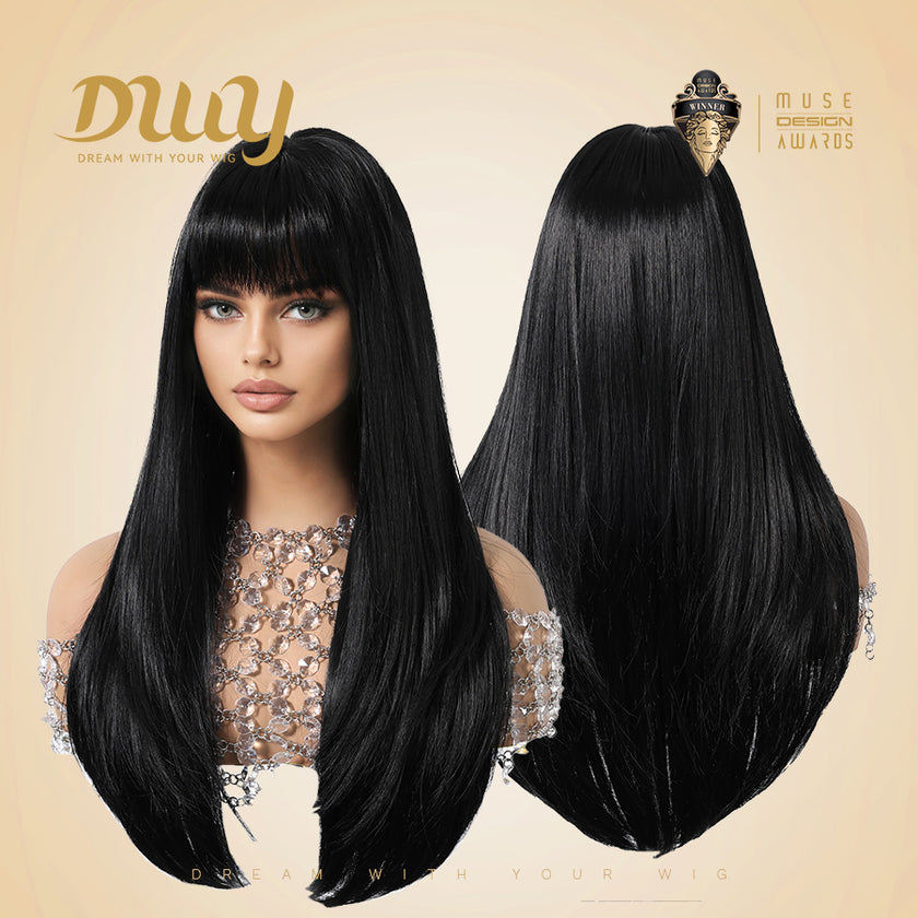Tara-DWY Machine Made Long Silky Straight Chocolate Brown with Highlights with Bangs Glueless Synthetic Wig for Women 26 Inches