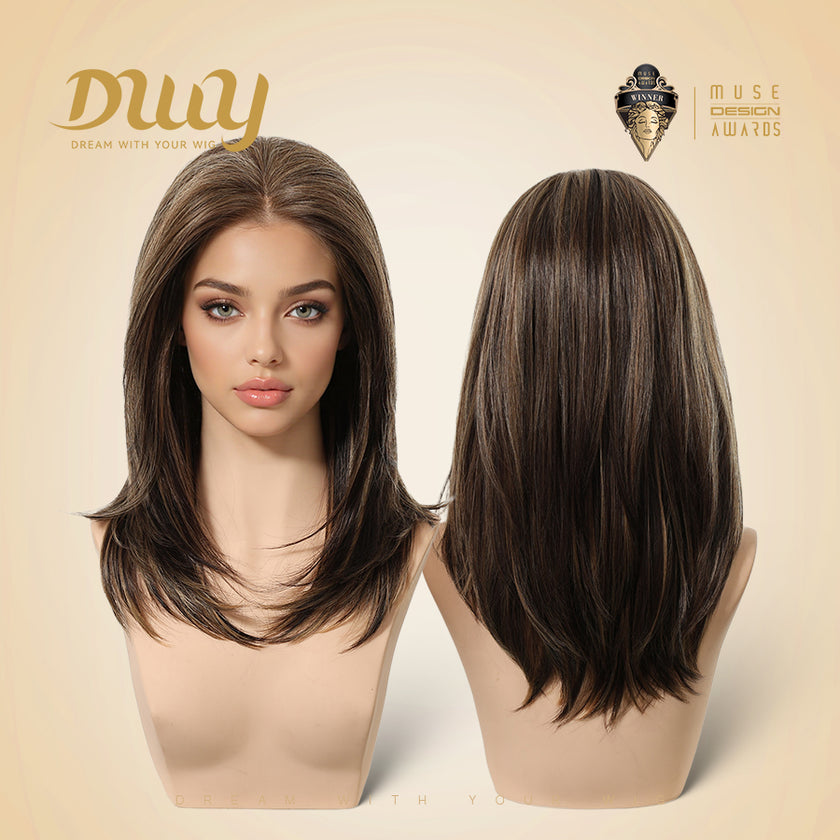 Fable-DWY 13×4 Lace Front Free Part Mid-Length Layer-cut Straight Brown with Highlights Glueless Synthetic Wig for Women 18 Inches