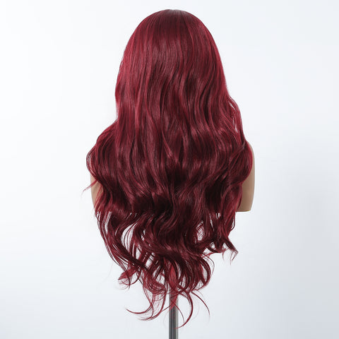 【Early Black Friday】Dwy Red Long Middle Lace Parting Wavy Synthetic Wig