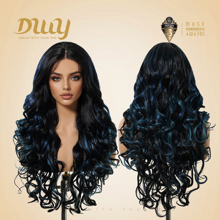 DWY 26-Inch Long Black Wavy Wig with Blue Highlights – Synthetic Heat-Resistant Curly Wig for Stylish Daily Wear and Parties HC11140-1