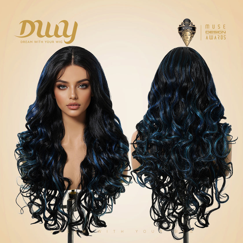 DWY 26-Inch Long Black Wavy Wig with Blue Highlights – Synthetic Heat-Resistant Curly Wig for Stylish Daily Wear and Parties HC11140-1