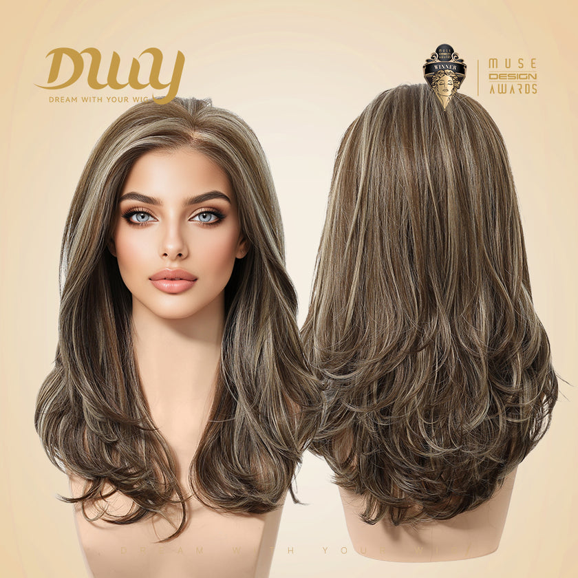 Lainey H-NEW COLOR DWY 13×4 Free Parting Hand -Tied Top Middle Length Light Brown with Highlights  Glueless Synthetic Wig