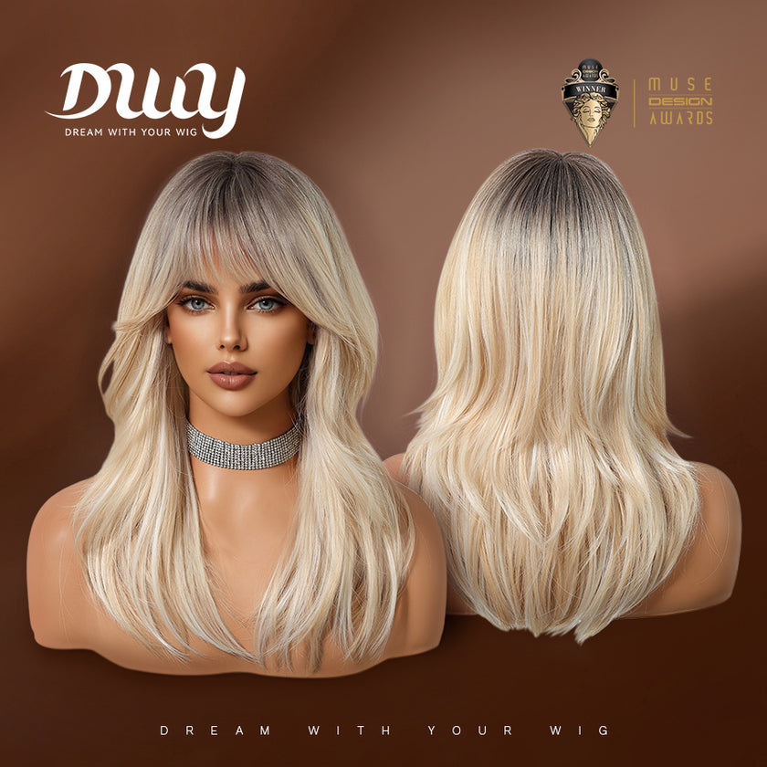 Paloma C-DWY【Gen 2 Large Realistic Scalp】Mid-Length Wavy Rooted Blonde with Bangs Glueless Synthetic Wig