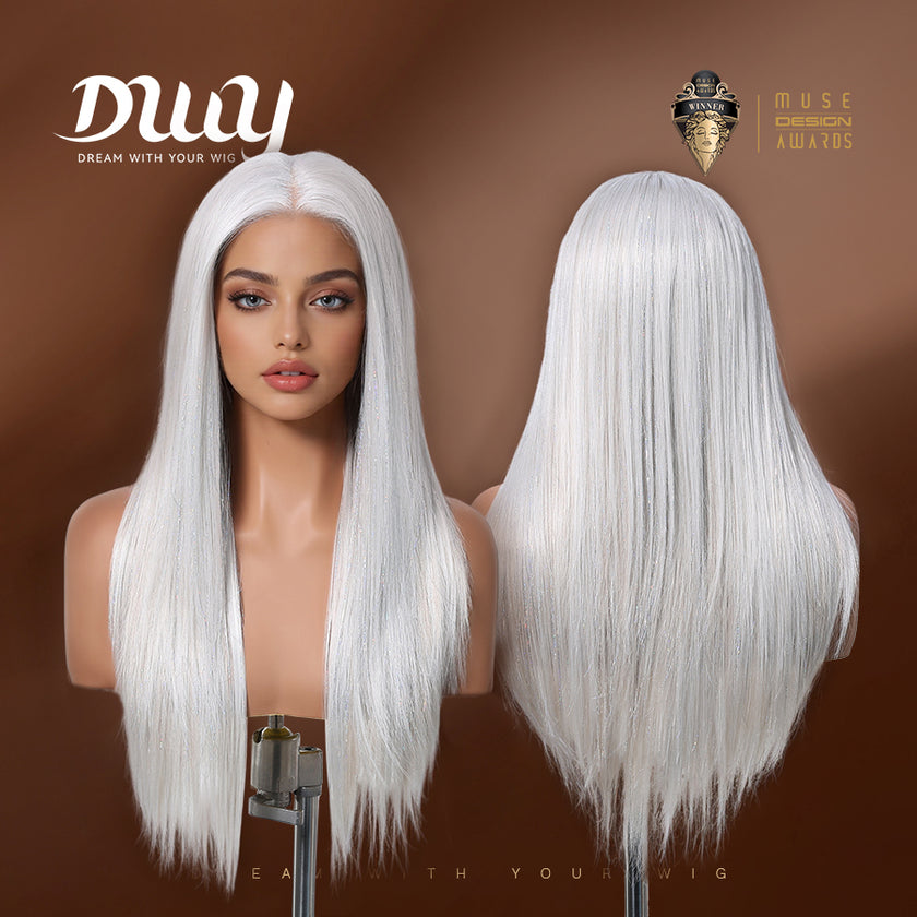 DWY Lace Front Middle Part Long-Length Straight White Glueless Synthetic Wig