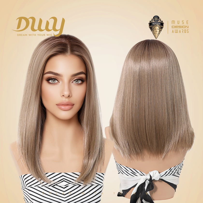 Ellie C-DWY 13×6 Lace Front Free Part Mid-Length Straight Rooted Ash Blonde Glueless Synthetic Wig for Women 16 Inches