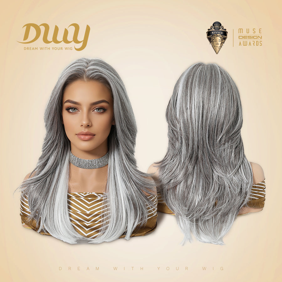 Gary-DWY 13x6 Librea Lace Front Wig 18 Inches White Gray Highlights Glueless Synthetic Wig