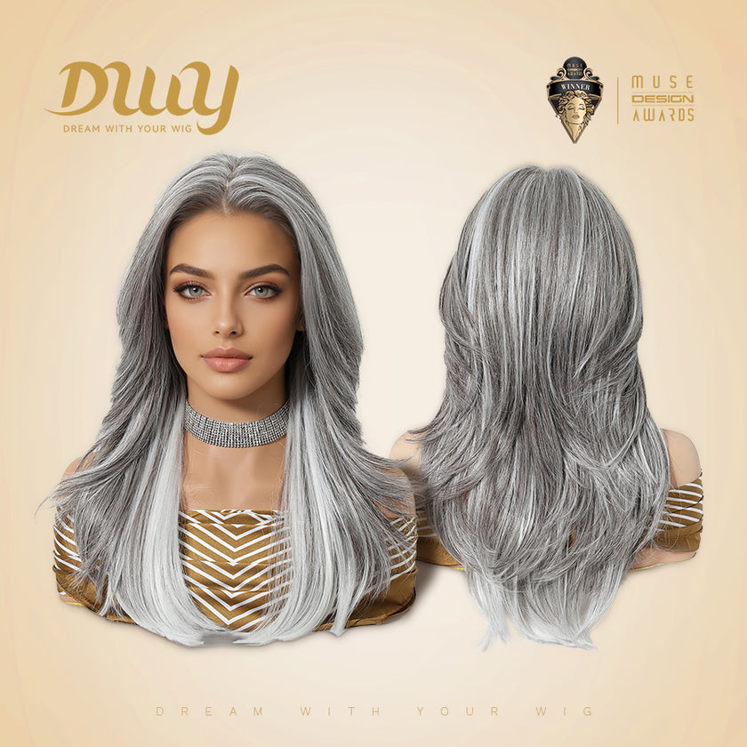 Gary-DWY 13x6 Librea Lace Front Wig 18 Inches White Gray Highlights Glueless Synthetic Wig