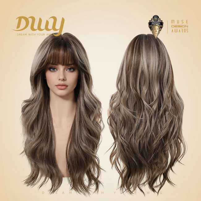 A split-screen product display shows the same long, wavy ash-brown wig with lighter blonde highlights on two mannequin heads against a light beige background. The left mannequin presents the front view with face-framing layers and full bangs. The right mannequin displays the back view of the voluminous waves. The gold 