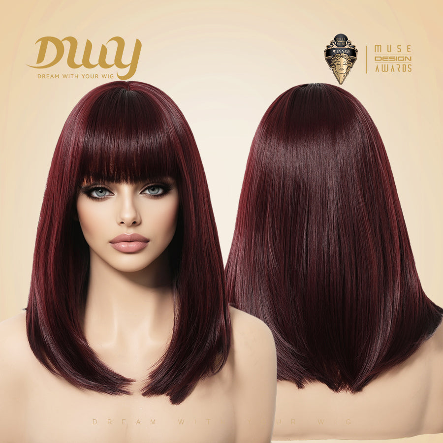 Lila-DWY Machine Made Mid-Length Straight Burgundy Glueless Synthetic Wig with Bangs for Women 14 Inches - Sleek & Modern Look