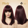 Lila-DWY Machine Made Mid-Length Straight Burgundy Glueless Synthetic Wig with Bangs for Women 14 Inches - Sleek & Modern Look