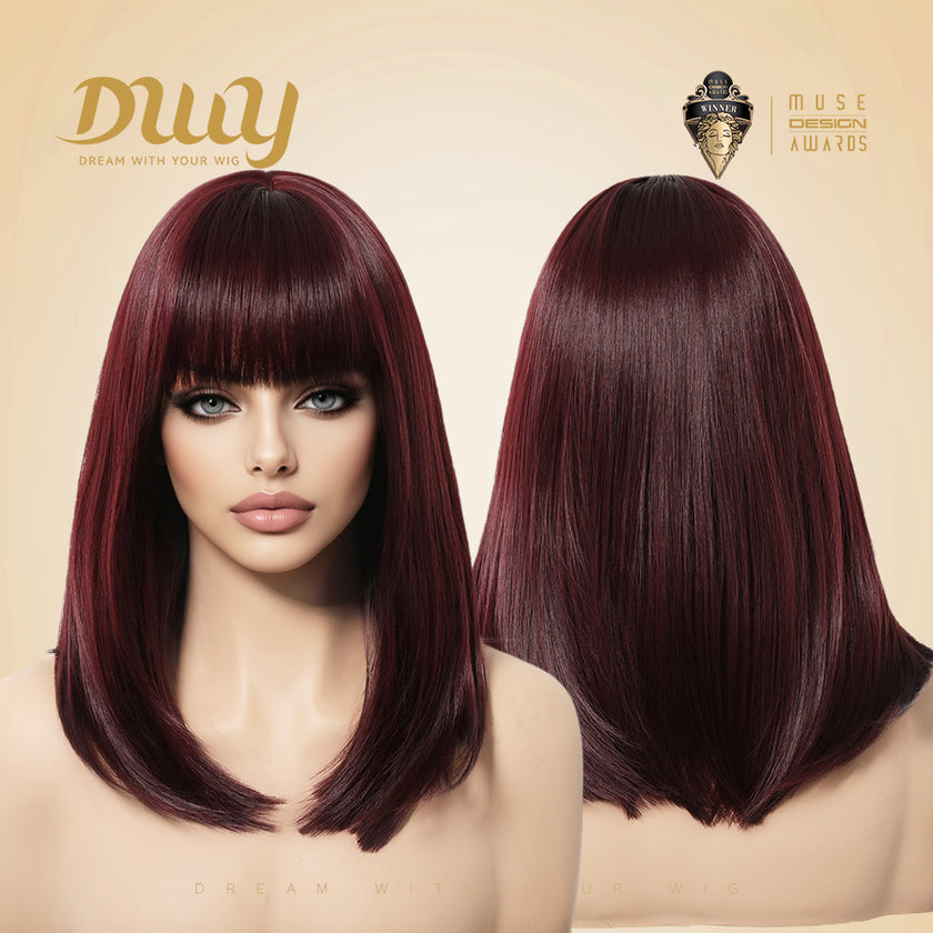 Lila-DWY Machine Made Mid-Length Straight Burgundy Glueless Synthetic Wig with Bangs for Women 14 Inches - Sleek & Modern Look