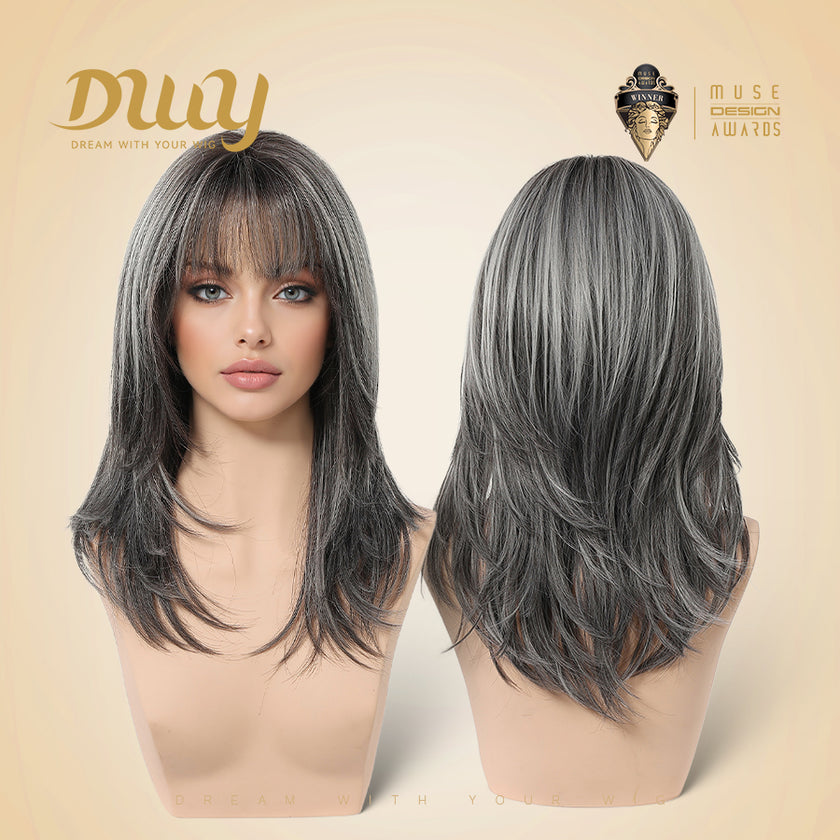 Ember-DWY 18-Inch MiraScalp Mid-Length Straight Grey Black Wig