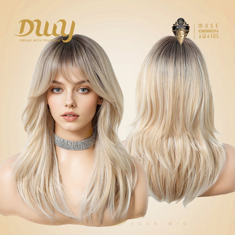 DWY Paloma Wig - MiraScalp Mid-Length Wavy Blonde with Bangs Synthetic Wig