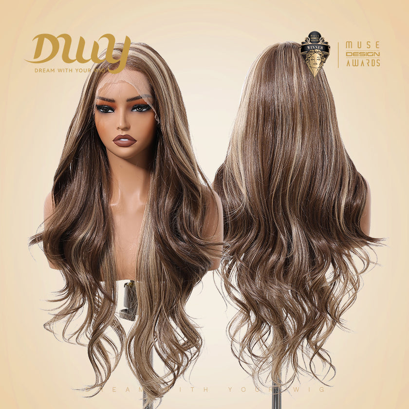Biscuit-DWY Filter Lace 13×6 Body Waves Dark Brown Blonde Highlights Wig