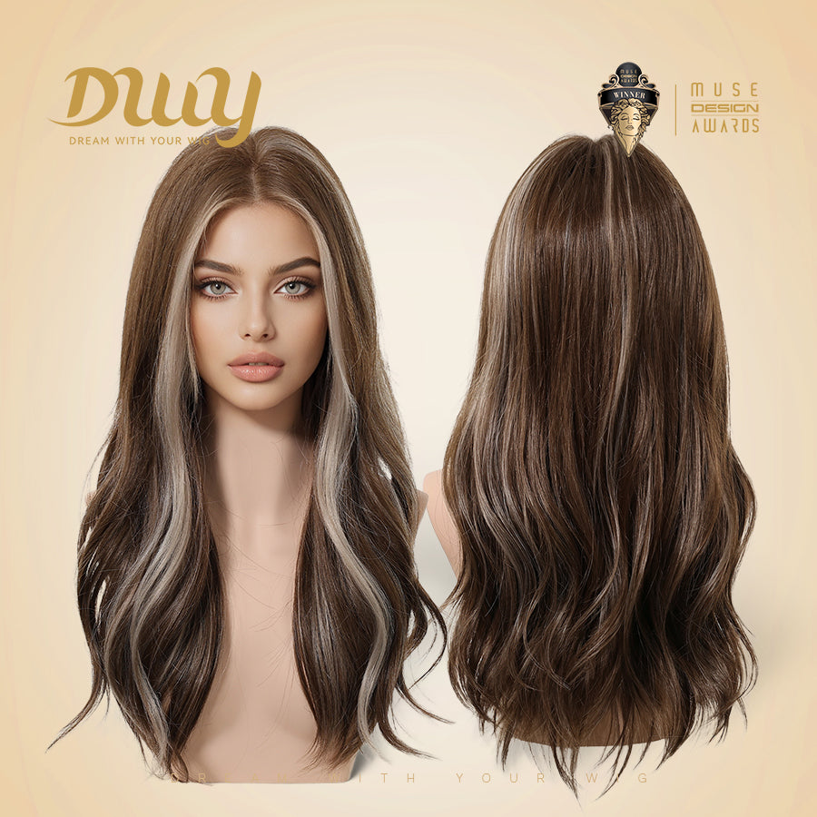 A front and back view of a mannequin head displaying a long, wavy brown wig with prominent money-piece highlights. The image includes the DWY brand logo in the upper left and a Muse Design Awards winner logo in the upper right.