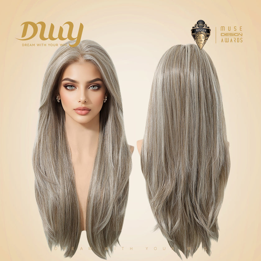 Ethel-DWY 13x6 Filter Lace Front Free Part Long Length Straight Brown with Highlights Glueless Synthetic Wig