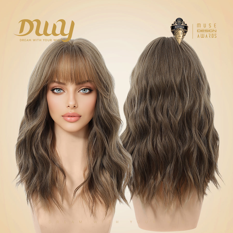Aurora - NEW! DWY 20-Inch Light Brown Wave  Glueless Synthetic Wig with Bangs for Women High-Quality Premium Fiber Easy Wear Comfortable Fit Deep Wavy Wigs Curly Warm