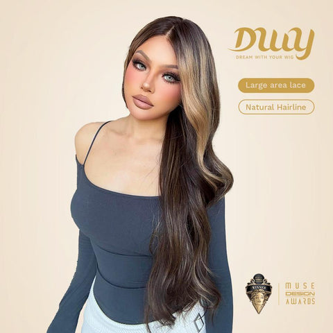Espresso-DWY 28-Inch Lace Front Wig: Wavy Dark Brown with Highlights - Glueless Free Part Style