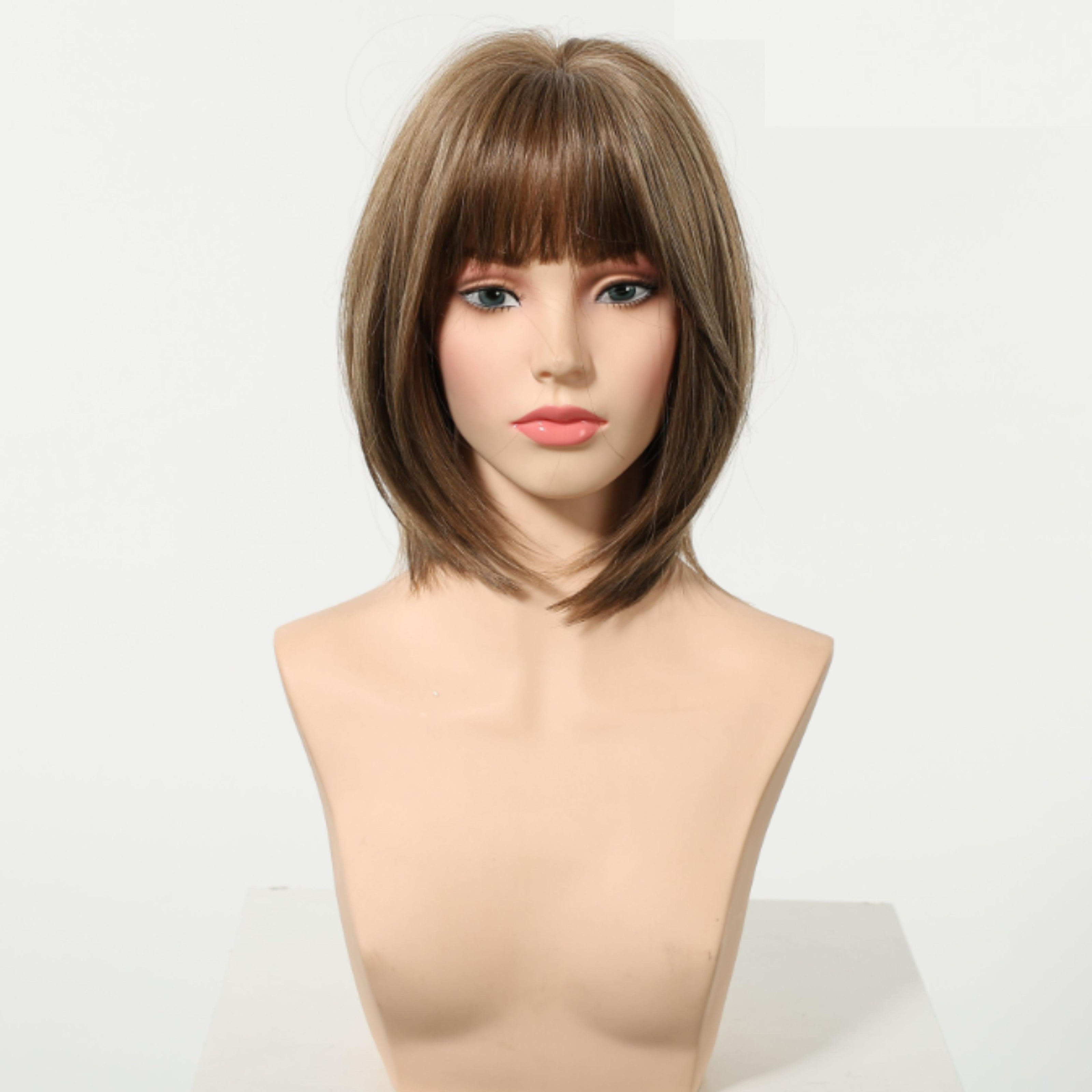 Jean plus -DWY【Gen 2 Large Realistic Scalp】Short Straight Brown with Blonde Highlights Glueless Synthetic Wig with Bangs
