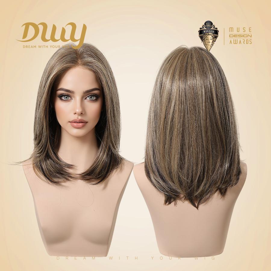 Andie-NEW! DWY Mono Lace Front Free Part Dark Ash Brown Layered Lob Glueless Synthetic Wig for Women 14 Inches