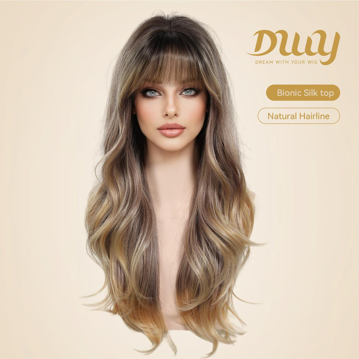 Brulee -NEW CRAFT! [GEN4 cashmere Bionic Silky Top] 24 Inch Long Warm Honey Bronde Wave Glueless Synthetic Wig with Bangs for Women High Quality Premium Fiber Easy Wear Comfortable Fit