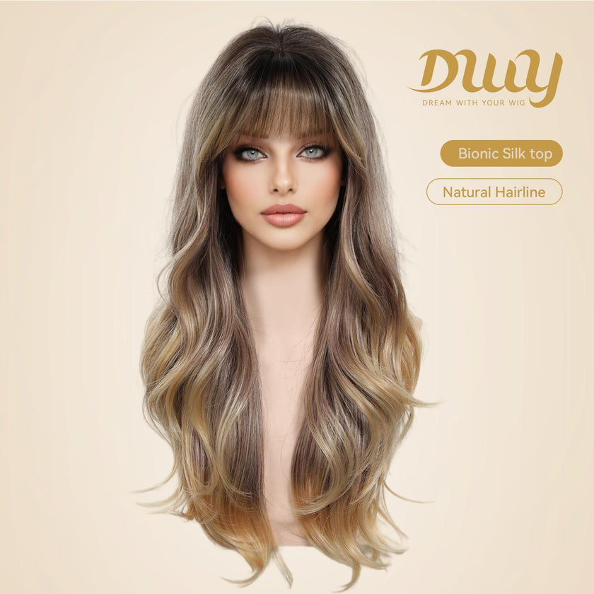 Brulee -NEW CRAFT! [GEN4 cashmere Bionic Silky Top] 24 Inch Long Warm Honey Bronde Wave Glueless Synthetic Wig with Bangs for Women High Quality Premium Fiber Easy Wear Comfortable Fit