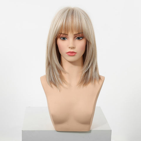 【New in】Magnolia- 14-Inch Short Platinum Blonde Bob Wig with Bangs - Glueless Synthetic Hair for Women