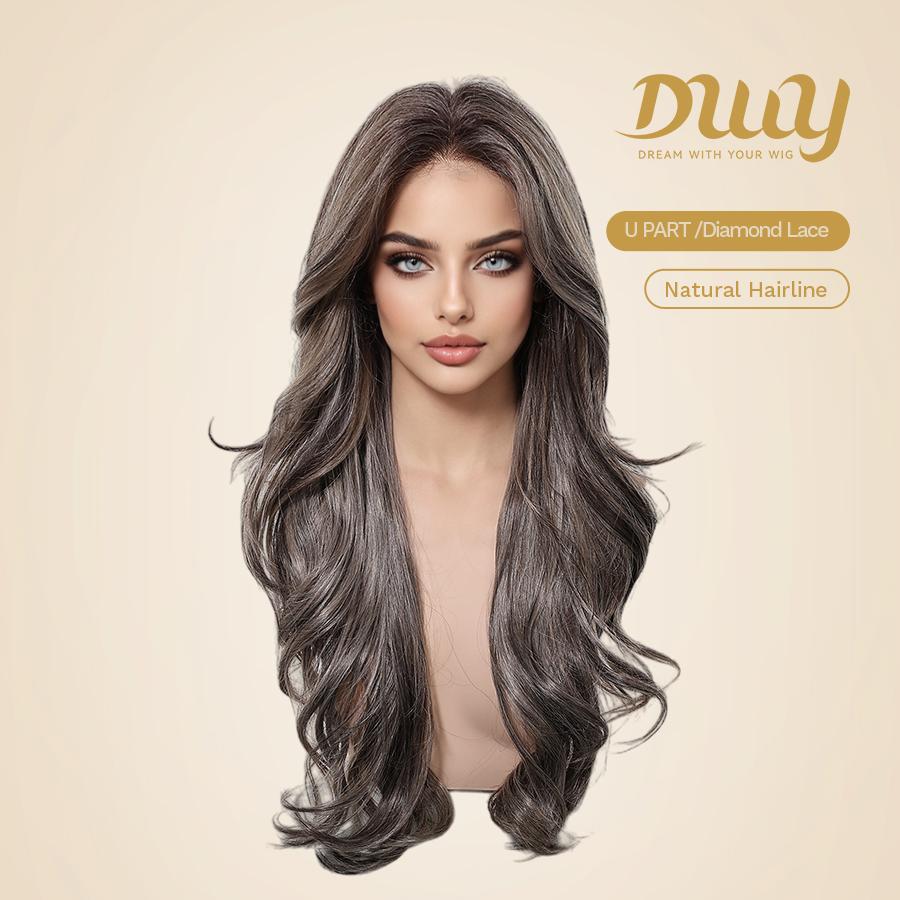 Tessa -DWY Women's Glueless Frontal Wig, 26-Inch Pre-Cut U-Part Diamond Lace Long Cool Brown with Highlights Curly Synthetic Wavy Wig, Glueless Frontal Wigs