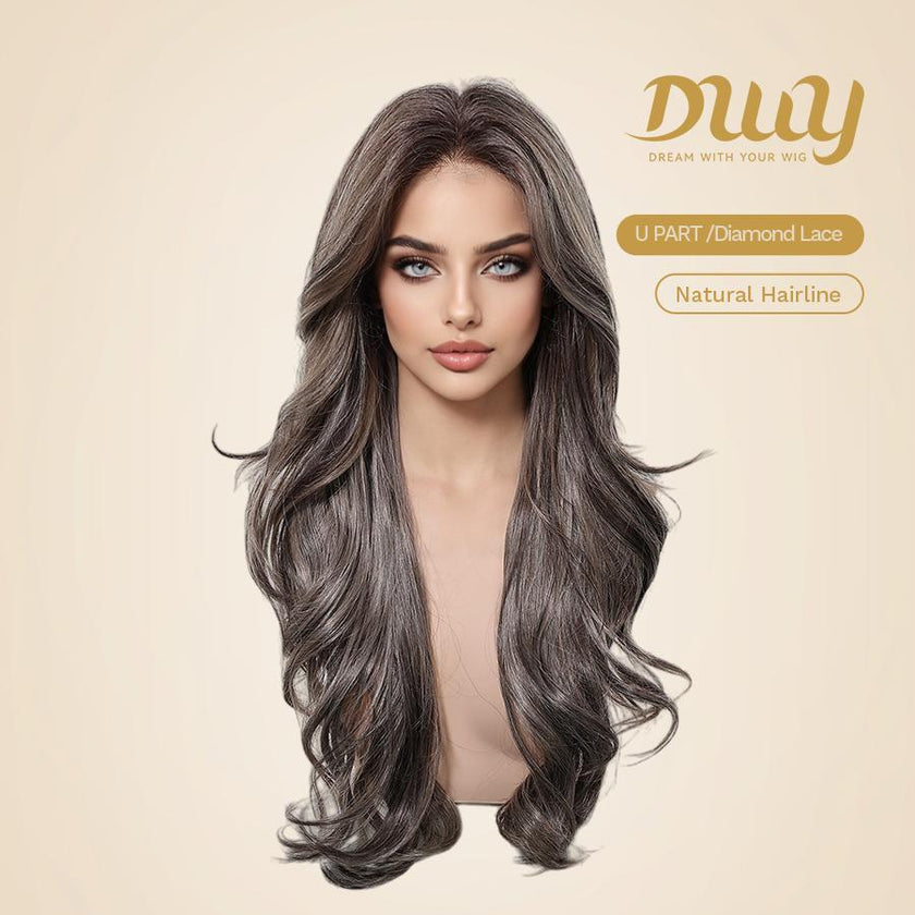 Tessa -DWY Women's Glueless Frontal Wig, 26-Inch Pre-Cut U-Part Diamond Lace Long Cool Brown with Highlights Curly Synthetic Wavy Wig, Glueless Frontal Wigs