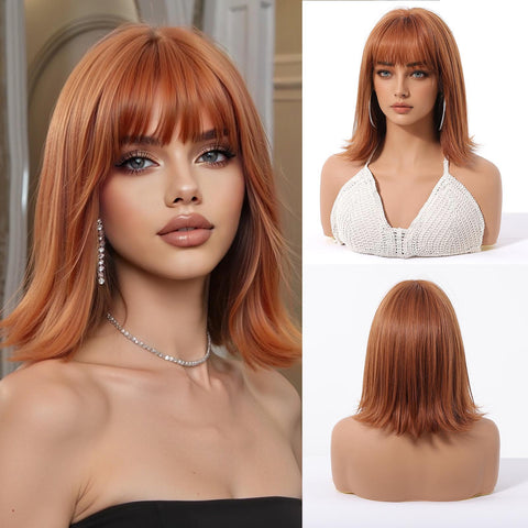 Suki-DWY 12-Inch Glueless Synthetic Wig - Short Reverse Bob with Blunt Bangs in Dark Brown