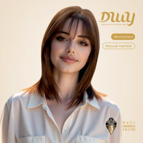 【New in】Lyla- 16-Inch Mid-Length Straight Brown Layered Wig with Air Bangs - Glueless Synthetic Hair