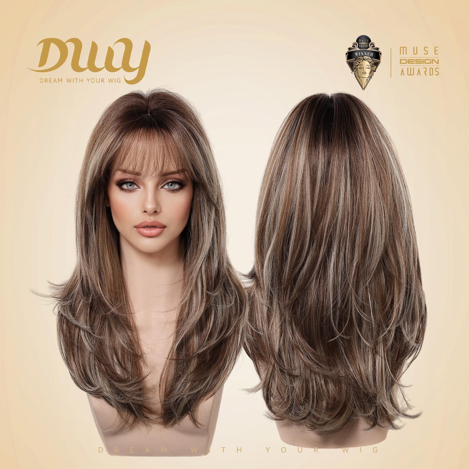 A double-view product shot of a female mannequin head displays a DWY brand synthetic wig. The wig features long, layered brown hair with blonde highlights and a full fringe. Both front and back views are shown against a beige background with the gold 'DWY DREAM WITH YOUR WIG' logo and a 'MUSE DESIGN AWARDS' badge.
