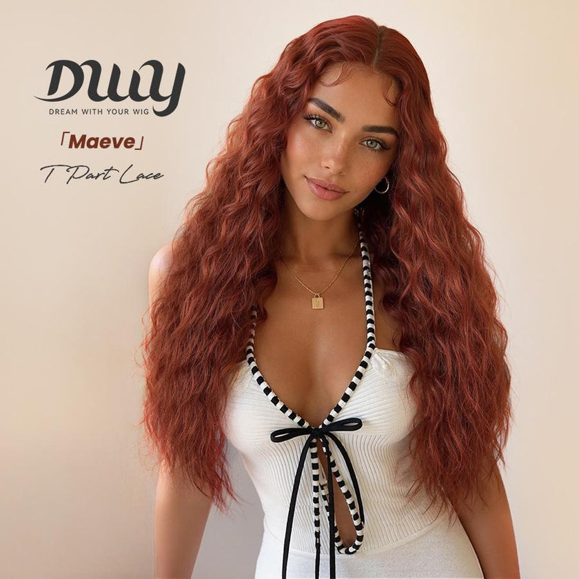 Maeve -DWY Lace Front Long Natural Drity Orange Spanish Wave Middle Part Glueless Synthetic Wig for Women 26 Inches Classic Style