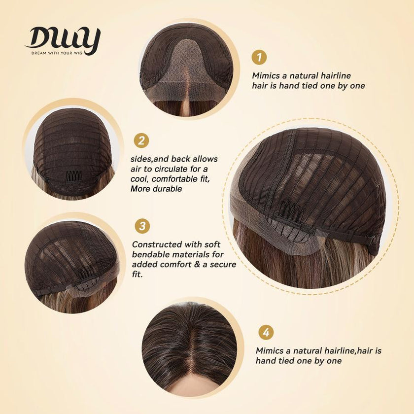An infographic with multiple close-up images of the wig's cap construction. Numbered callouts explain features like the hand-tied hairline, breathable sides, soft materials, and seamless fit. The DWY logo is at the top.
