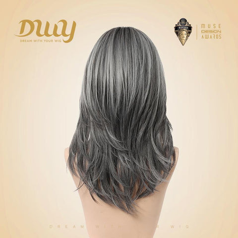 【New in】Ember- 18-Inch MiraScalp Mid-Length Straight Grey Black Wig with Highlights and Bangs