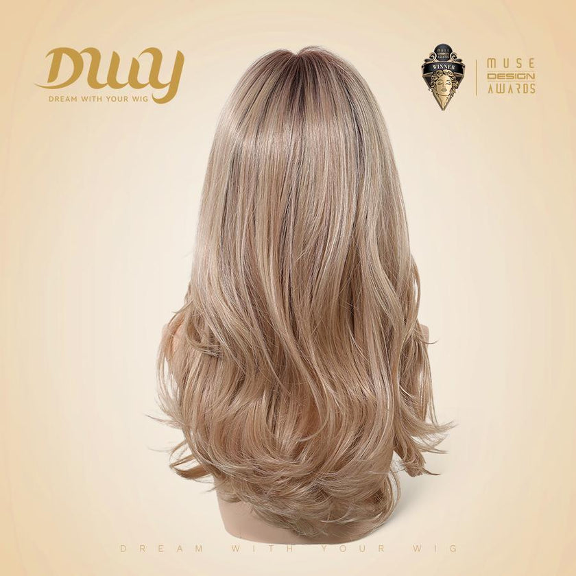 Evelyn -DWY Mono Lace Front Free Part Long-Length Wavy Pink Blonde Rooted Glueless Synthetic Wig for Women 20 Inches