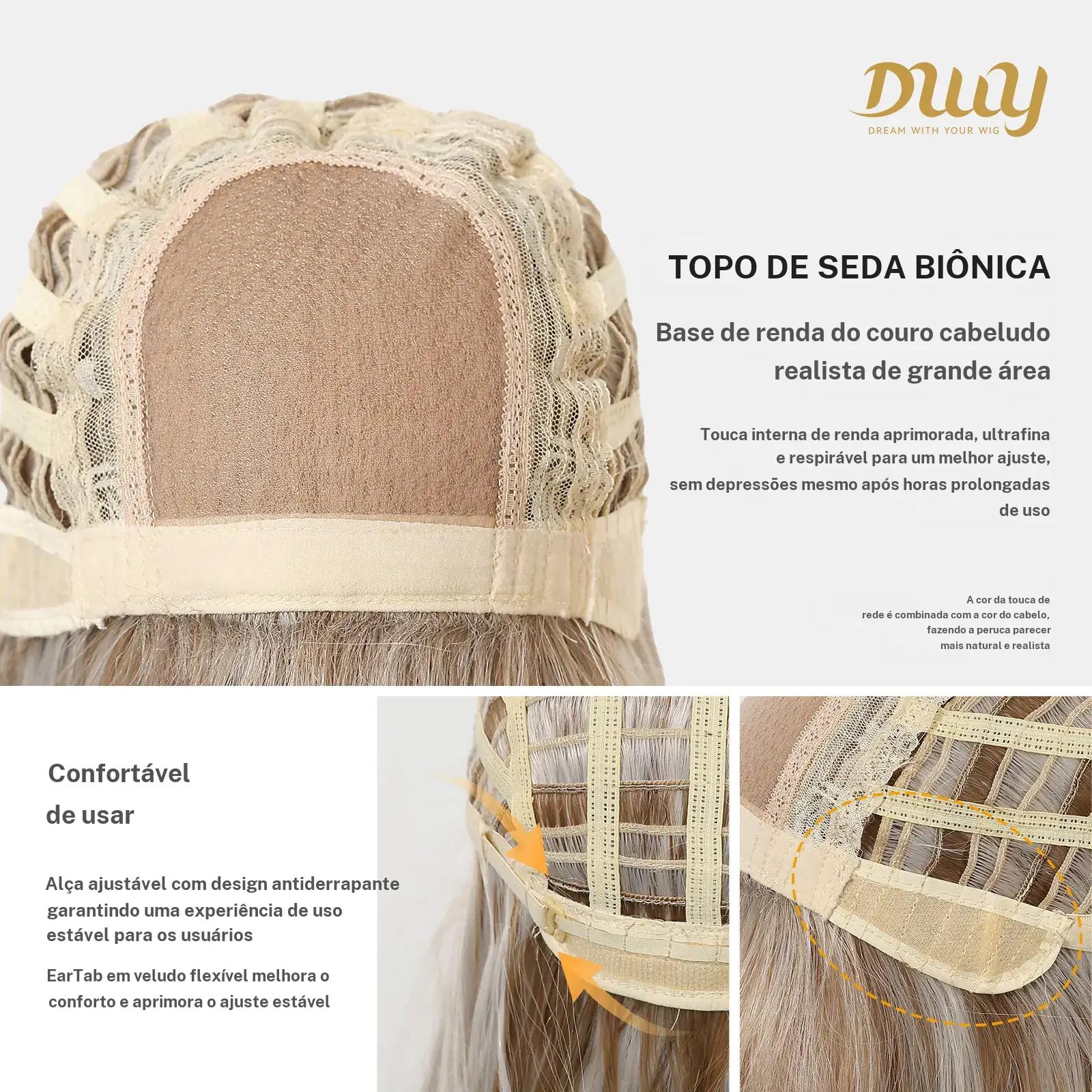 A close-up view of the interior cap construction of a DWY wig, highlighting the bionic silk top, large-area realistic scalp lace base, adjustable anti-slip straps, and comfortable breathable mesh.