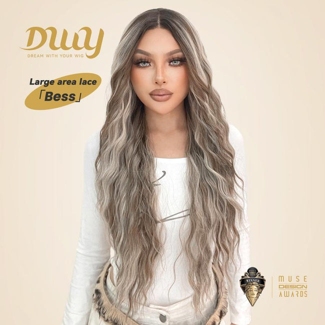 Bess-DWY 28-Inch Filter Lace Long Water Wavy Brown Wig with Highlights