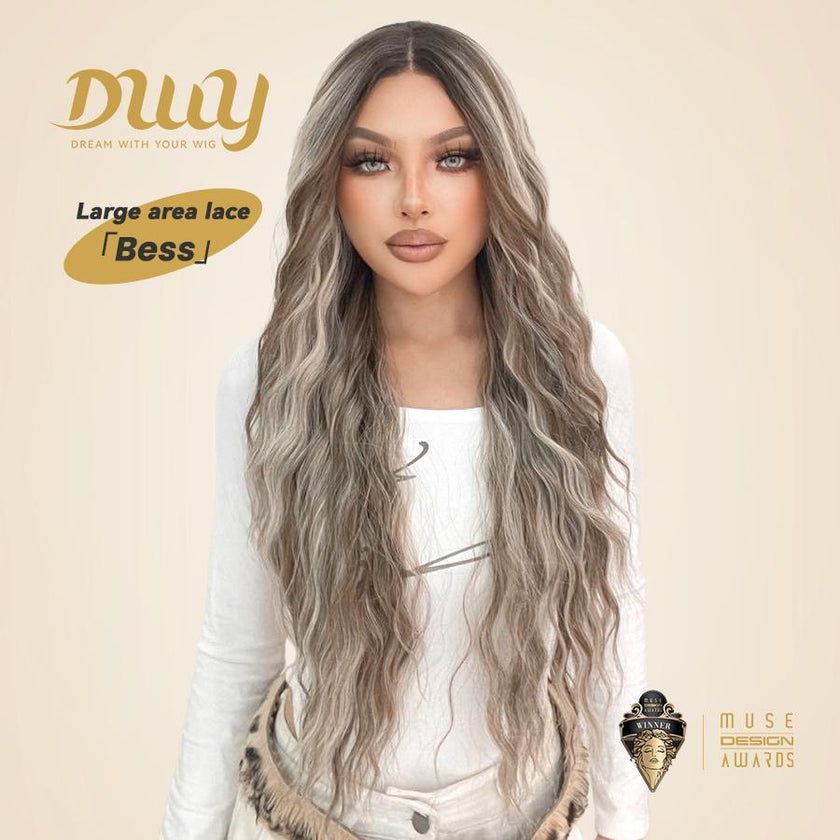 Bess-DWY 28-Inch Filter Lace Long Water Wavy Brown Wig with Highlights